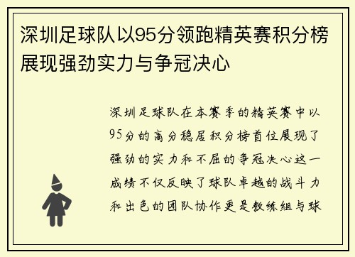 深圳足球队以95分领跑精英赛积分榜展现强劲实力与争冠决心