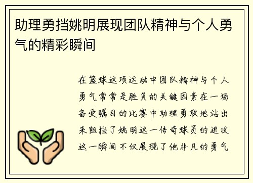助理勇挡姚明展现团队精神与个人勇气的精彩瞬间